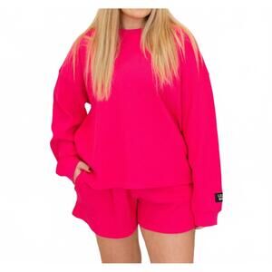 NEW LULU MAC waffle long sleeve and short set in hot pink